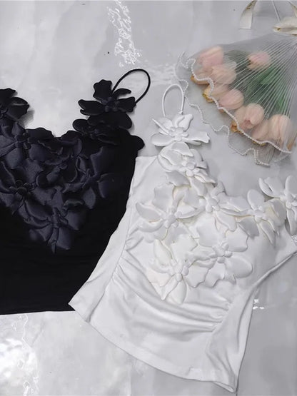 Summer New Style Women's White Strap Vest Gentle Wind 3D Flower Decoration Slim Fit Inner Wear Folded Design Outerwear Top