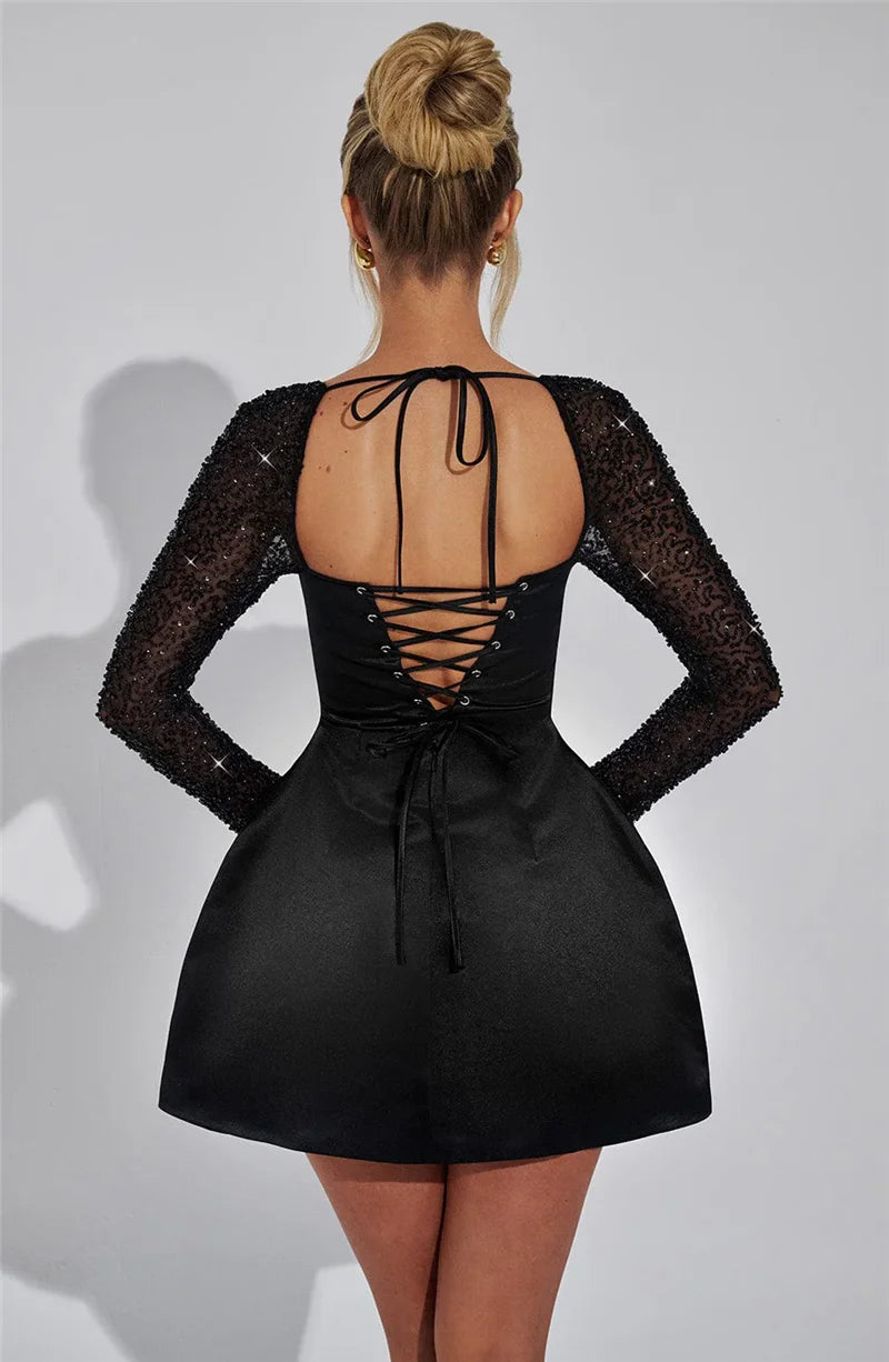 Mozision Glitter Long Sleeve Backless Sexy Mini Dress For Women Robe Square Collar Lace-up High Waist A-line Club Dress Elegant