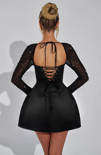 Mozision Glitter Long Sleeve Backless Sexy Mini Dress For Women Robe Square Collar Lace-up High Waist A-line Club Dress Elegant