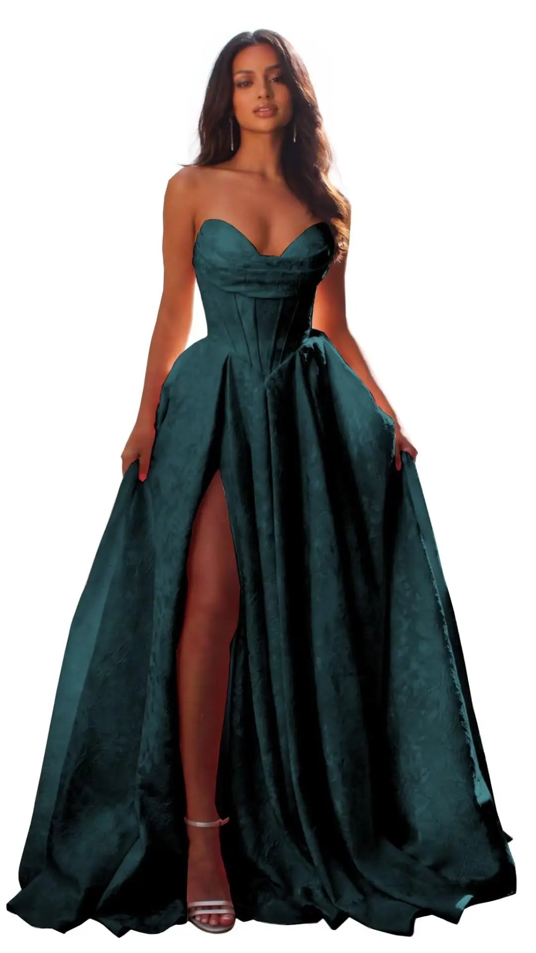 Women Elegant Jacquard Satin Prom Dresses with Slit Strapless Corset A Line Long Formal Gowns Evening Gowns Party Dresses