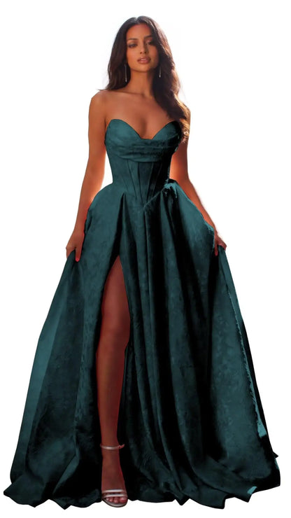 Women Elegant Jacquard Satin Prom Dresses with Slit Strapless Corset A Line Long Formal Gowns Evening Gowns Party Dresses