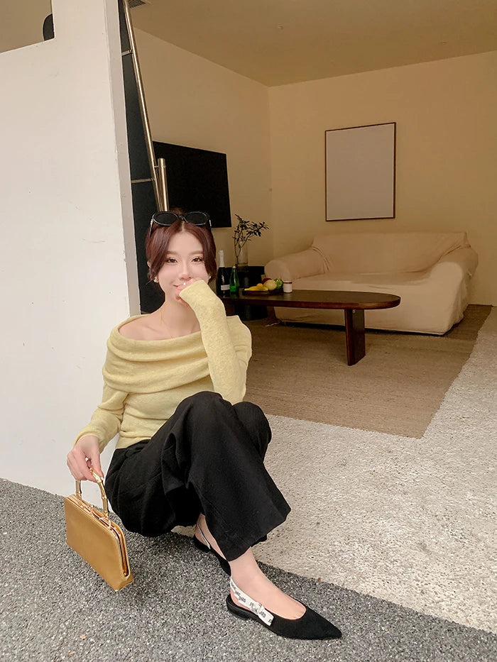 New Summer Low Block Heel Suede Pointed Toe Low-Cut Flats with Letter Back Strap Closed-Toe Sandals