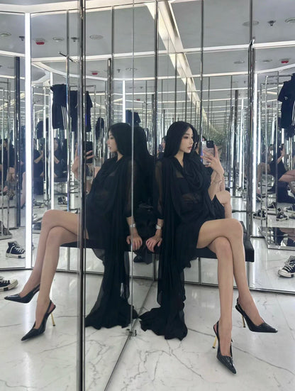Black Pointed Toe High Heels Thin Heel Metal Cap Sandals Women's Shoes Elegant Painted Leather Sexy Fine Heel New 2025