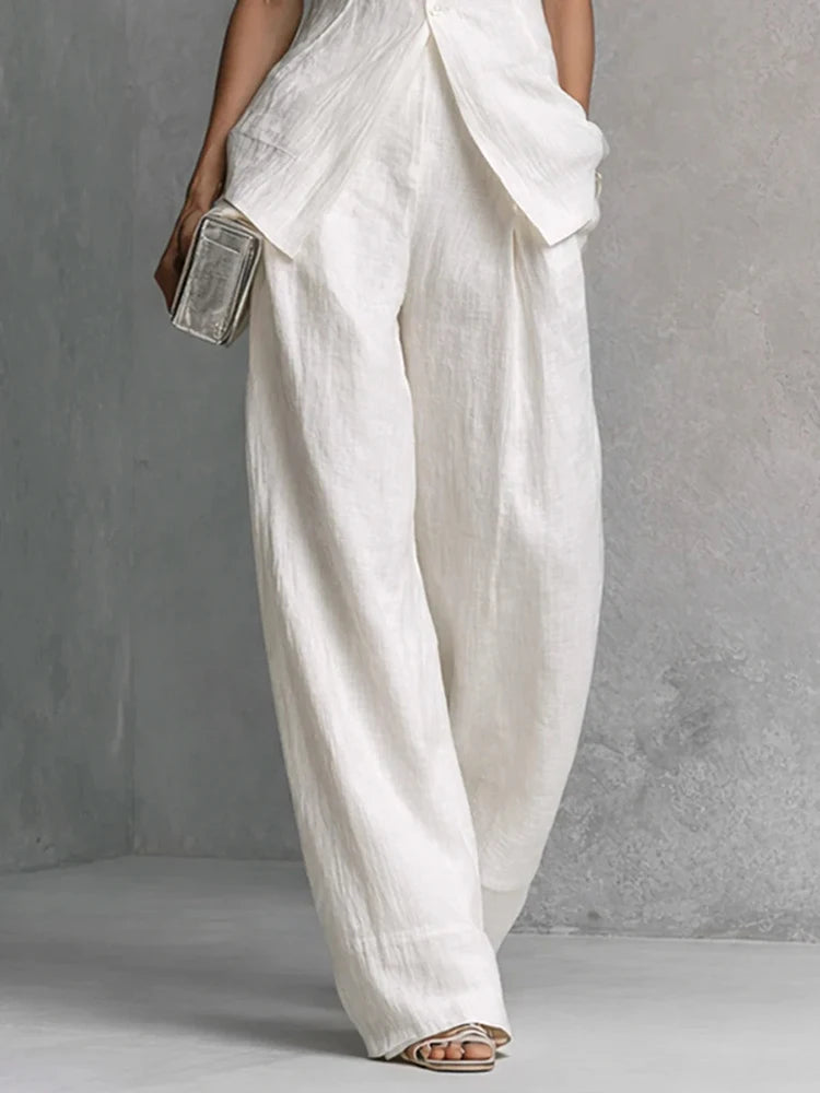 Women's Summer Stand Collar Sleeveless Single-Breasted Cardigan Top with Wide Leg Pants 2PCS Set Solid Holiday Outfit Streetwear