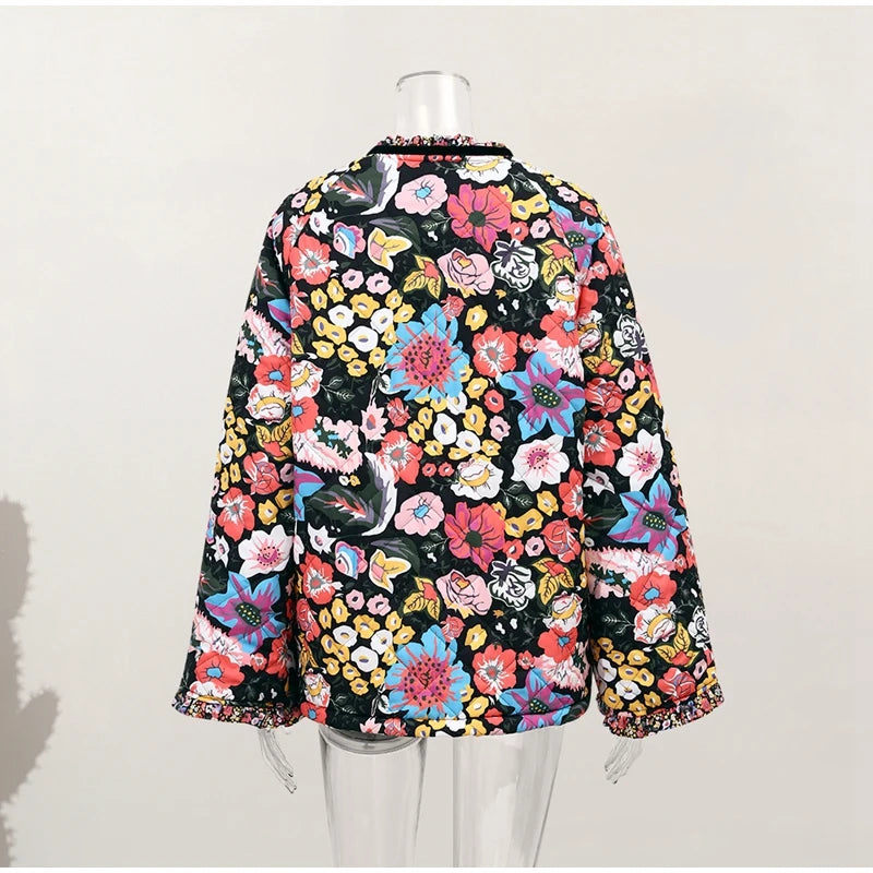 HH Floral Print Jacket For Women Autumn Quilted Reversible Cotton Coat Cardigan Long Sleeve Jackets Elegant Woman Streetwear