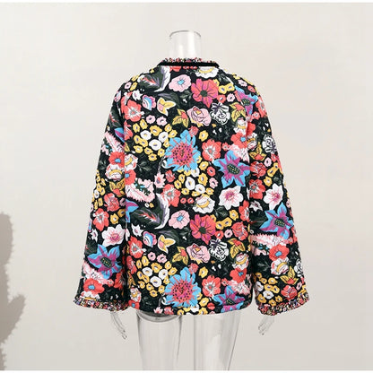 HH Floral Print Jacket For Women Autumn Quilted Reversible Cotton Coat Cardigan Long Sleeve Jackets Elegant Woman Streetwear