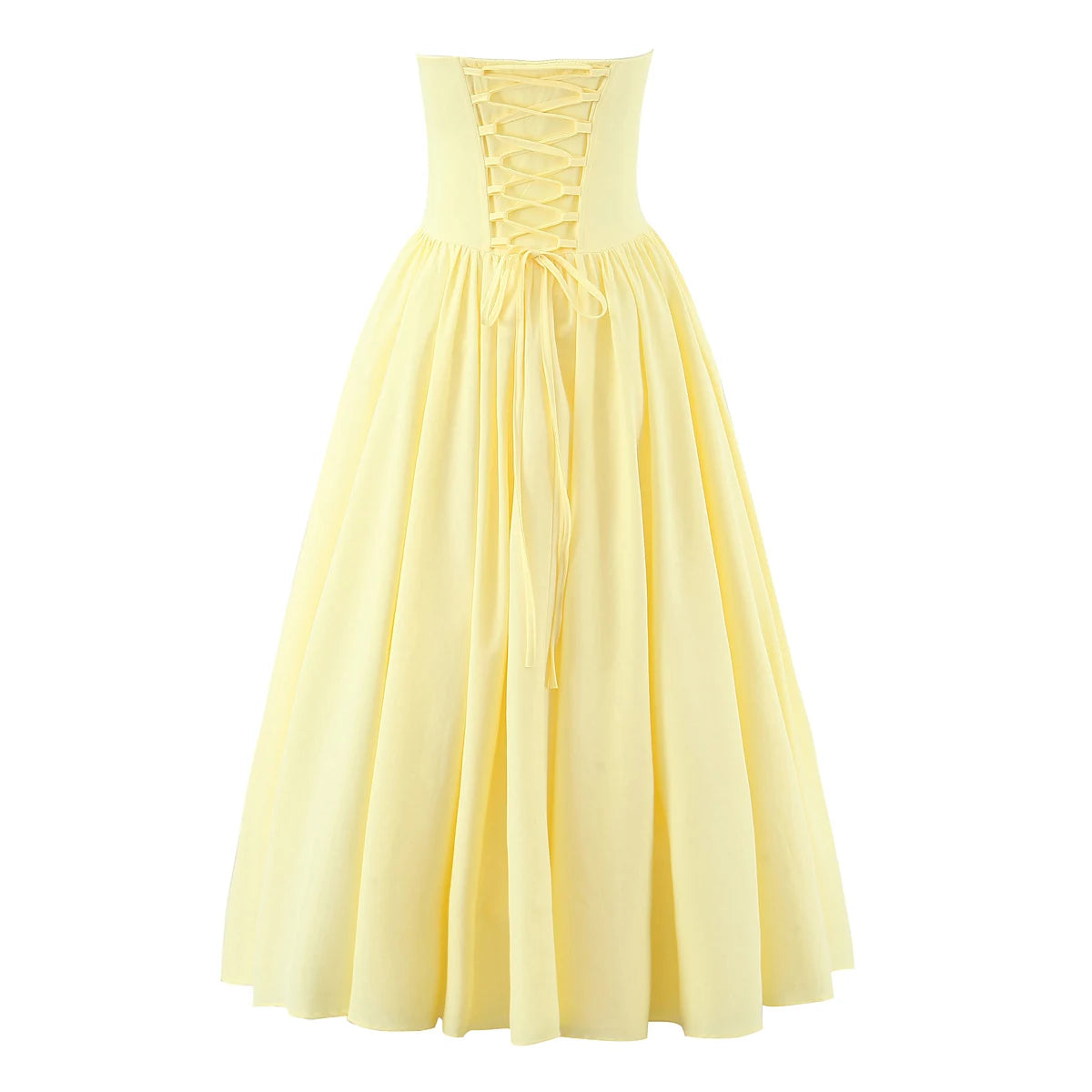 3 colors Sexy Wire Chest Boning Slim Waist Long Strapless Dress Women Cross Lacing up Back Ruched Hem Swing Party Vestido Yellow