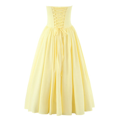 3 colors Sexy Wire Chest Boning Slim Waist Long Strapless Dress Women Cross Lacing up Back Ruched Hem Swing Party Vestido Yellow