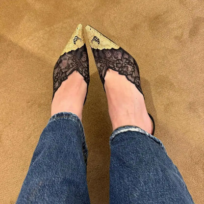 2026 Fashion Lace Sequin Hollow Out Mesh Women Pumps Sexy Pointed Toe Designer Low Heels Slingback Sandals Ladies Shoes