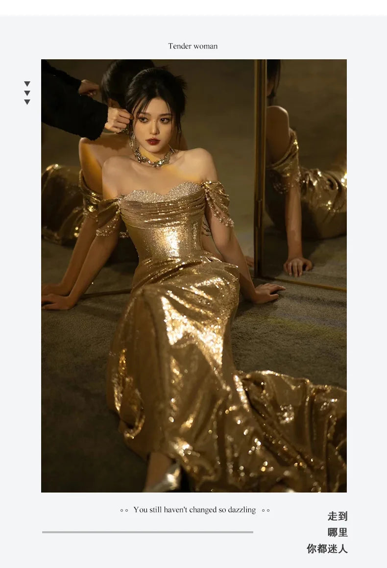 Mauroicardi Spring Autumn Praty Evening Dresses Woman Off Shoulder Backless Elegant Chic Luxury Floor Length Gold Sequin Clothes