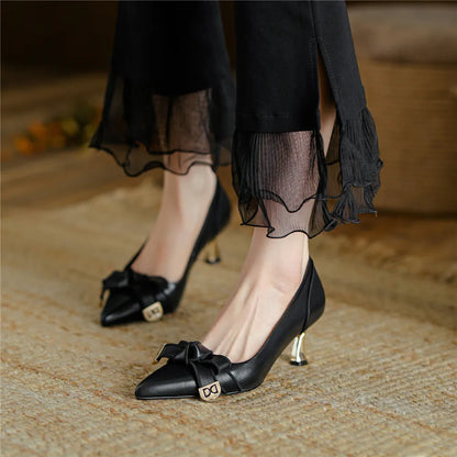 Dilalula 2025 French Style Genuine Leather Sandals Women Covered Toe Butterfly Knot Party Dating Sandals Office Ladies Pumps