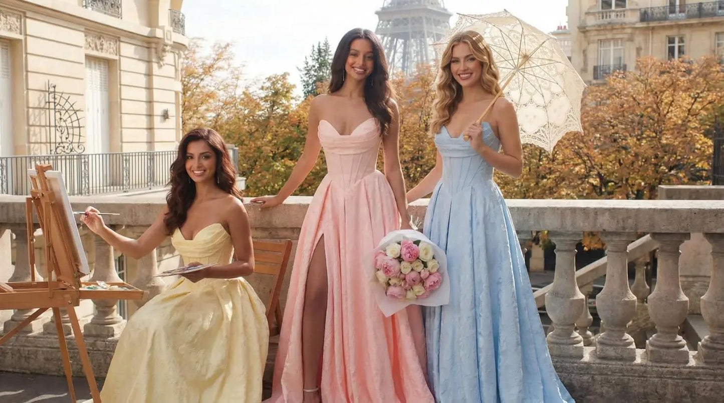 Women Elegant Jacquard Satin Prom Dresses with Slit Strapless Corset A Line Long Formal Gowns Evening Gowns Party Dresses