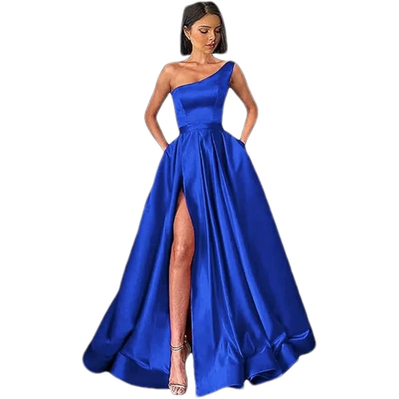 Customized Women's One Shoulder Prom Dresses Long Ball Gown High Slit Satin Corset Formal Dress Evening Gowns with Pockets