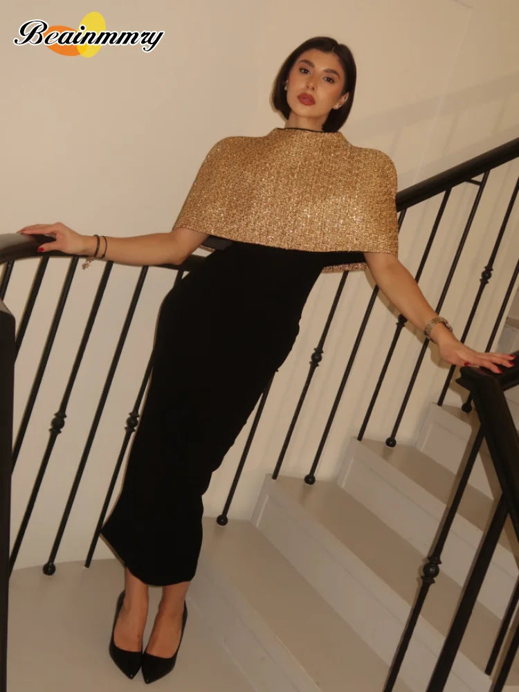 Women Elegant Gold Sparkle Capelet Top Shiny Tweed Shoulder Wrap Turtleneck Short Cloak New Lady Evening Club Party Tops 2026