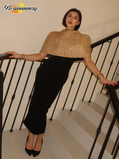 Women Elegant Gold Sparkle Capelet Top Shiny Tweed Shoulder Wrap Turtleneck Short Cloak New Lady Evening Club Party Tops 2026