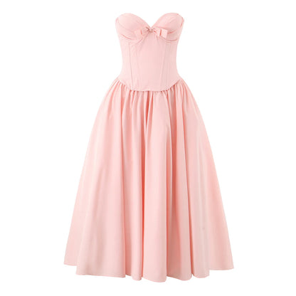 3 colors Sexy Wire Chest Boning Slim Waist Long Strapless Dress Women Cross Lacing up Back Ruched Hem Swing Party Vestido Yellow