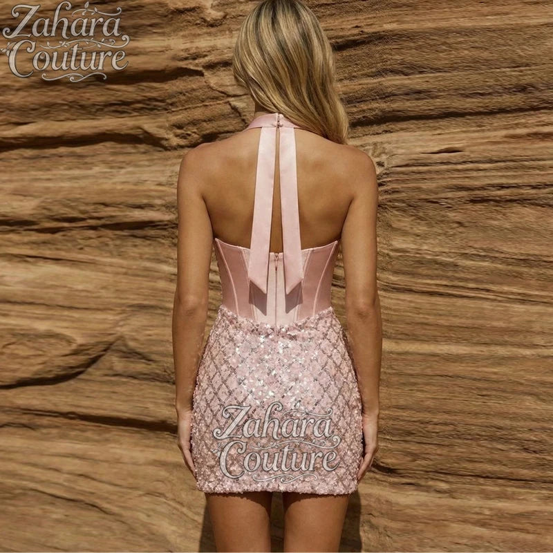 Zahara Customized Halter Neck Evening Dresses for Special Occasions Pink Sequins Satin Prom Dress Short Style Elegant