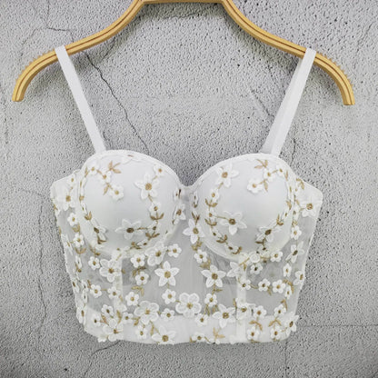 Women Crocheted 3D Lace Corset Stylish Floral Embroidery Bustier Push Up Bra Lady Tank Top Elegant Cropped Top Club Party Bralet