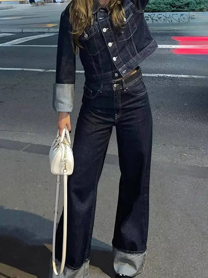 Women's Fashion Suit Retro Splicing Single-breasted Pocket Denim Jacket+High-waisted Women's Zippered Wide-leg Pants 2-piece Set