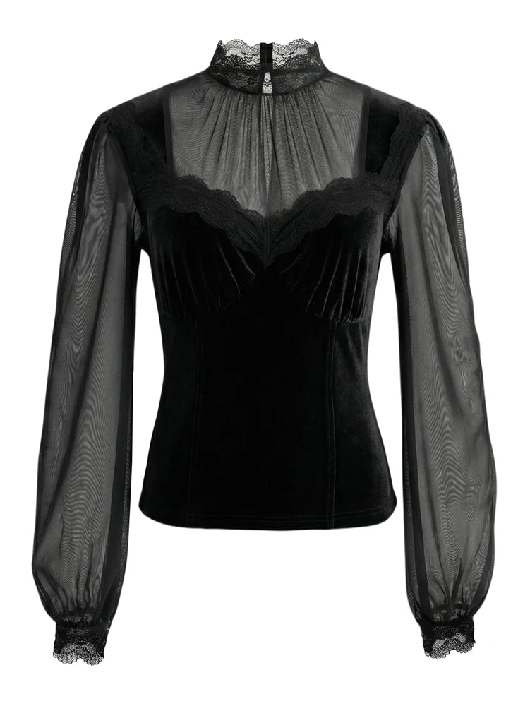 Women's Spring/Fall 2026 New Arrival Elegant Lace-Panel Cutout Bell-Sleeve Tie-Waist Top Everyday Lace-Panel Design