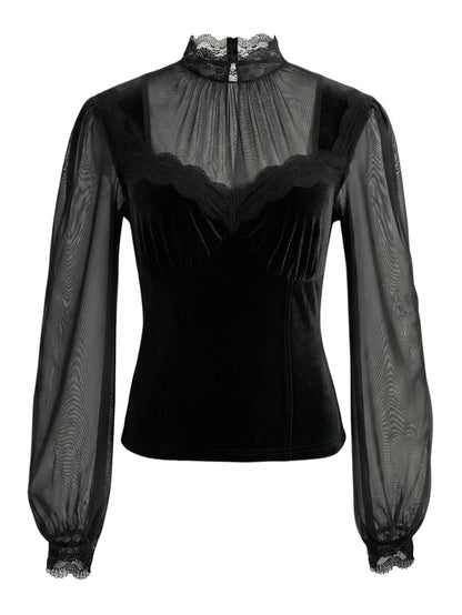 Women's Spring/Fall 2026 New Arrival Elegant Lace-Panel Cutout Bell-Sleeve Tie-Waist Top Everyday Lace-Panel Design
