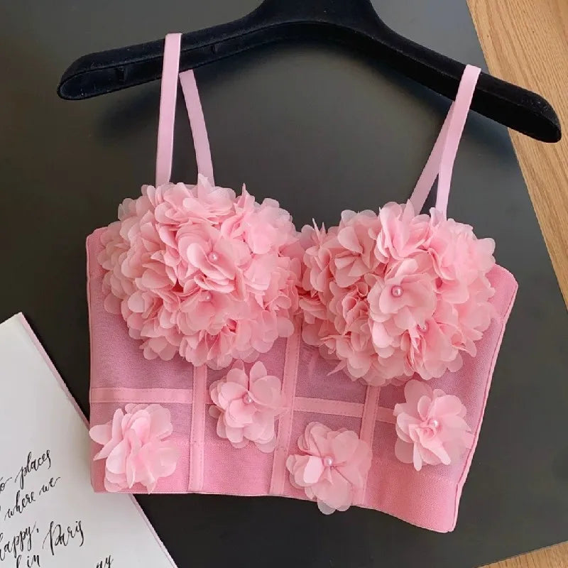 Sexy Beachwear Corset 3D Floral Applique Cute Women Deading Design Bustier Ladies Event Party Crop Top Short French Sweet Cami
