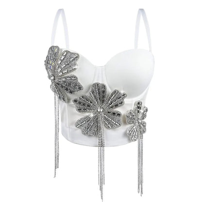Fashion Women Diamonds Embroidery Flowers Tassel Bustier Corset Crop Tops To Wear suspender vest