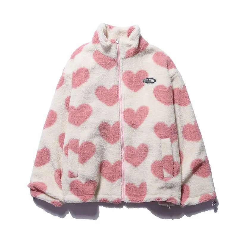 Double-Sided Wear Thickened Lamb Fur Heart Pattern Cotton Jacket Couple's Two-Way Wear Casual Warm Zipper Closure Long Sleeve...
