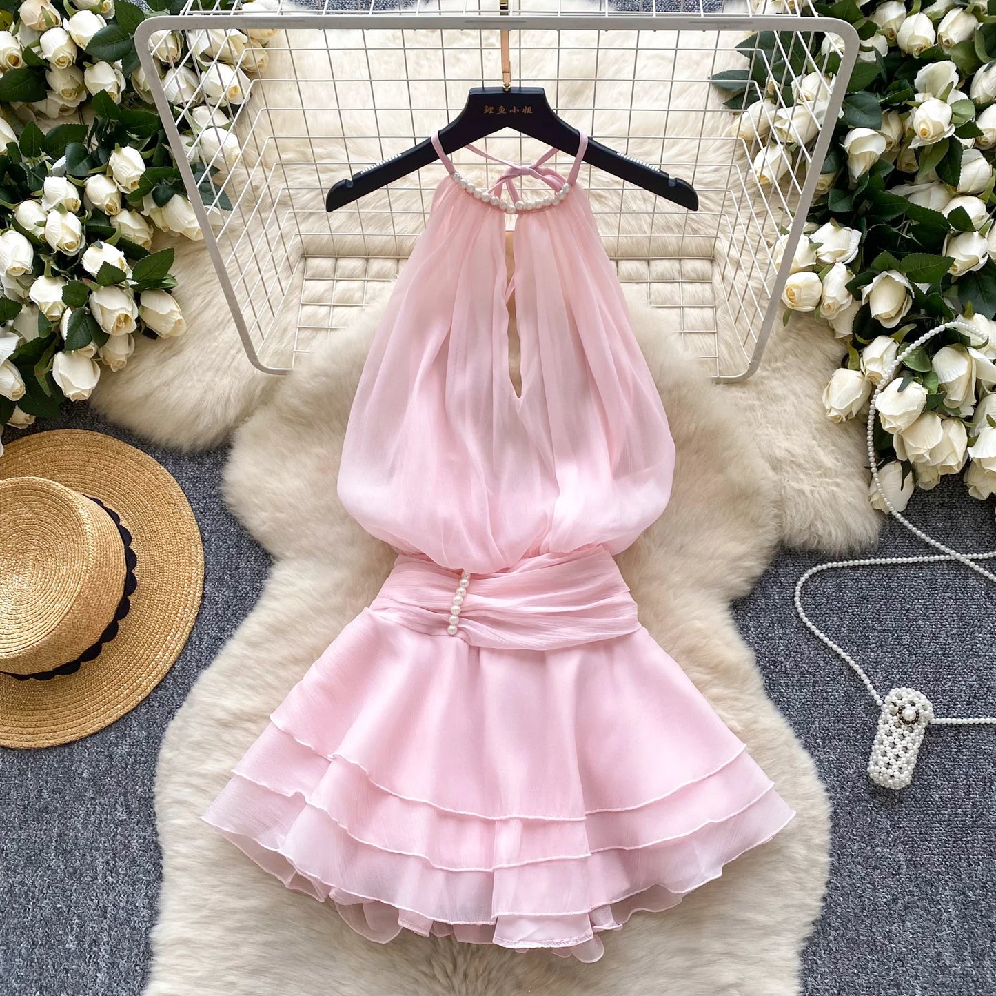 SINGREINY Strap Chiffon Mini Dress Female Pearl Halter Sleeveless Backless Sexy Design Fairycore Vacation Summer Ruffles Dress