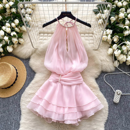 SINGREINY Strap Chiffon Mini Dress Female Pearl Halter Sleeveless Backless Sexy Design Fairycore Vacation Summer Ruffles Dress