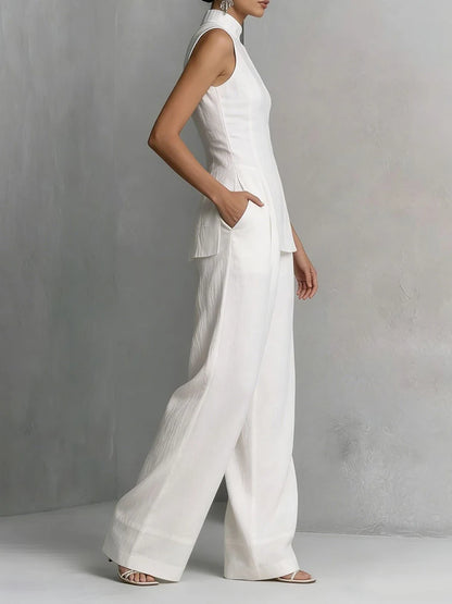 Women's Summer Stand Collar Sleeveless Single-Breasted Cardigan Top with Wide Leg Pants 2PCS Set Solid Holiday Outfit Streetwear