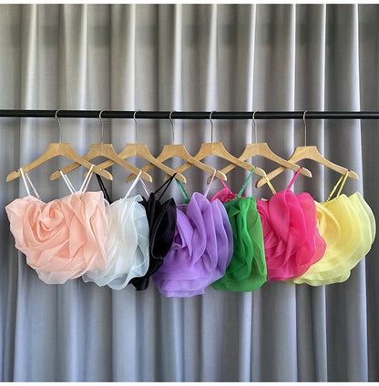Spaghetti Strap Tank Top for Women New Arrival Slash Neck Tulle Bare Midriff Skinny Camis Summer Versatile Gallus Dropshipping