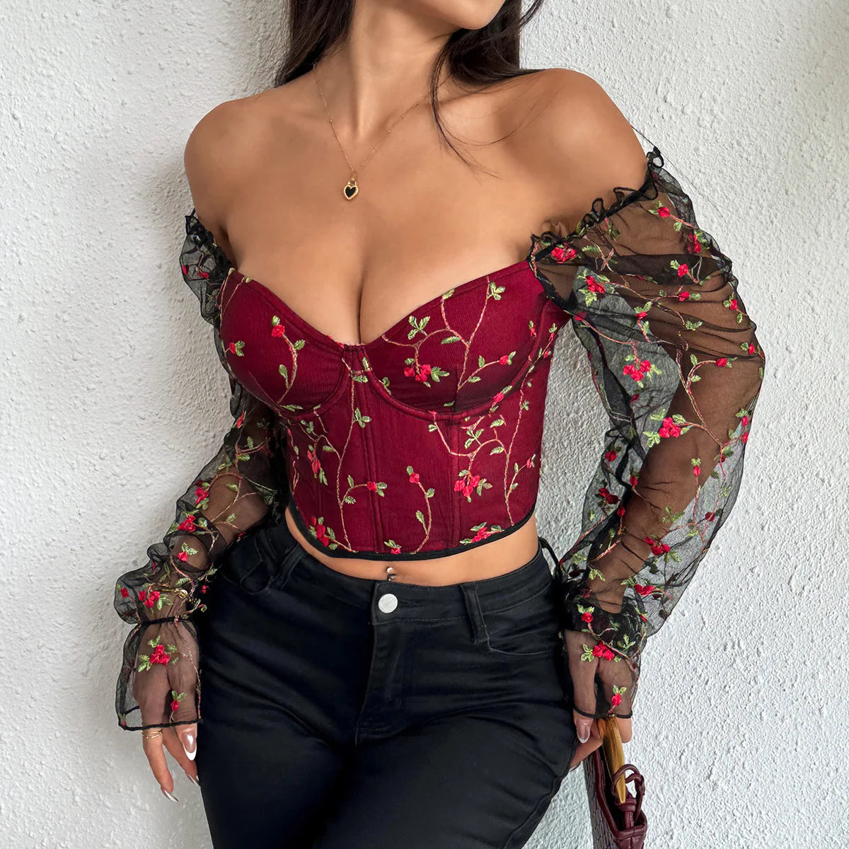 Sexy Spicy Girl Mesh Long Sleeve Corsets Shaper Flower Embroidery Bustiers Fishbone Slim Fit Fashion Versatile Women Corset Top