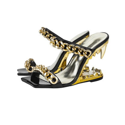 2026 Big Gold Chain Peep Toe Tiger Teeth Heel Sandals 2024 New Fashion Silvery Beach Party Outdoors Women's Slippers Size 35-43