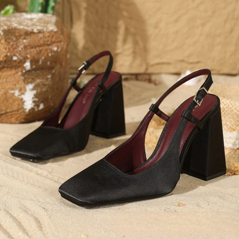 High Quality Purple Satin Chunky Heel Women Pumps Square Toe Buckle Design Elegant Heeled Sandals Luxury Wedding Bridal Shoes