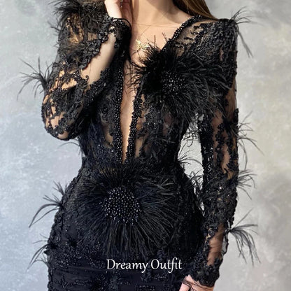 Dreamy Customized ﻿﻿ Evening Dress Women's Dress with Beaded Embroidery Feather Sleeves Sexy VCollared Dress for Banquet Party