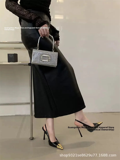 High Quality Yangshenglin Metal Head Thin Heel High Heels 2025 Hot Black Patent Leather Covering Square Head Elegant Lady Style
