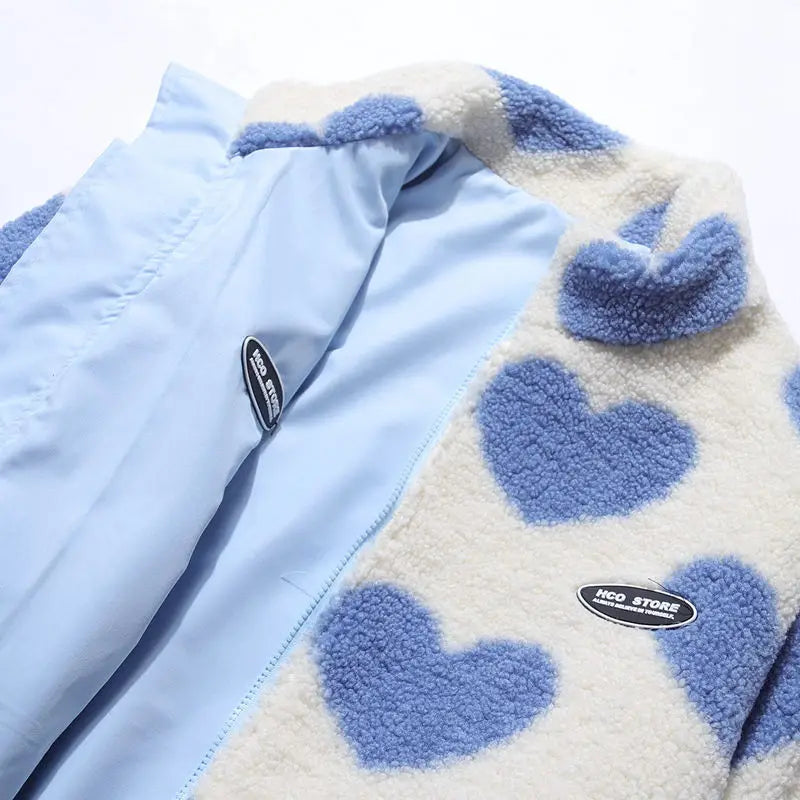 Double-Sided Wear Thickened Lamb Fur Heart Pattern Cotton Jacket Couple's Two-Way Wear Casual Warm Zipper Closure Long Sleeve...