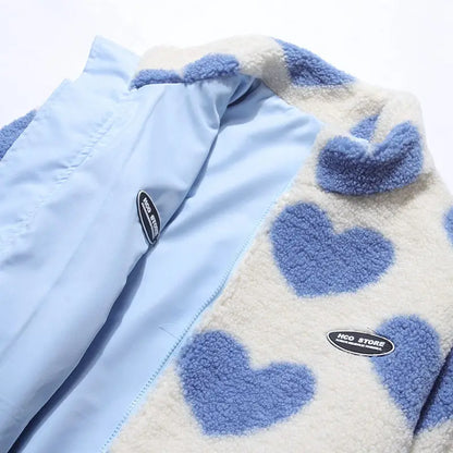 Double-Sided Wear Thickened Lamb Fur Heart Pattern Cotton Jacket Couple's Two-Way Wear Casual Warm Zipper Closure Long Sleeve...