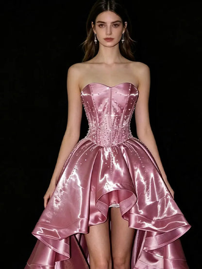 Lautaro Spring Long Luxury Sleeveless Strapless Pink RhinestoneElegant Evening Party Wedding Birthday Prom Dress for Women Dress
