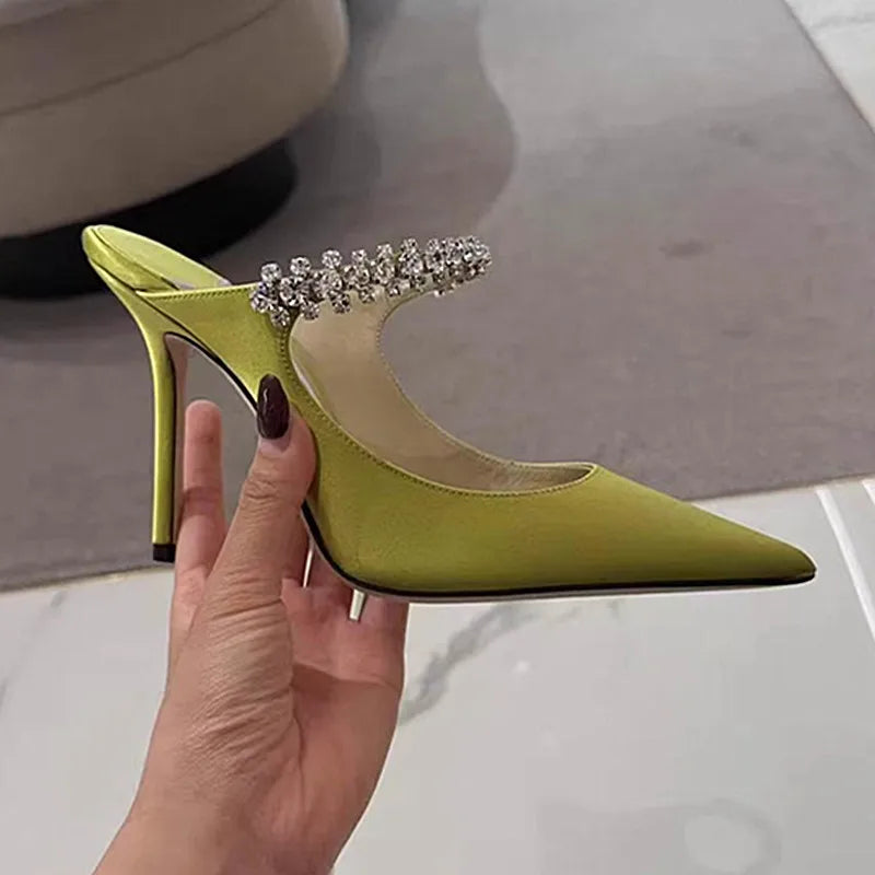 Women's Sandals 2026 New High Heels Fashion Water Diamond Chain Banquet Pointed Fine Heels Women's Muller Shoes