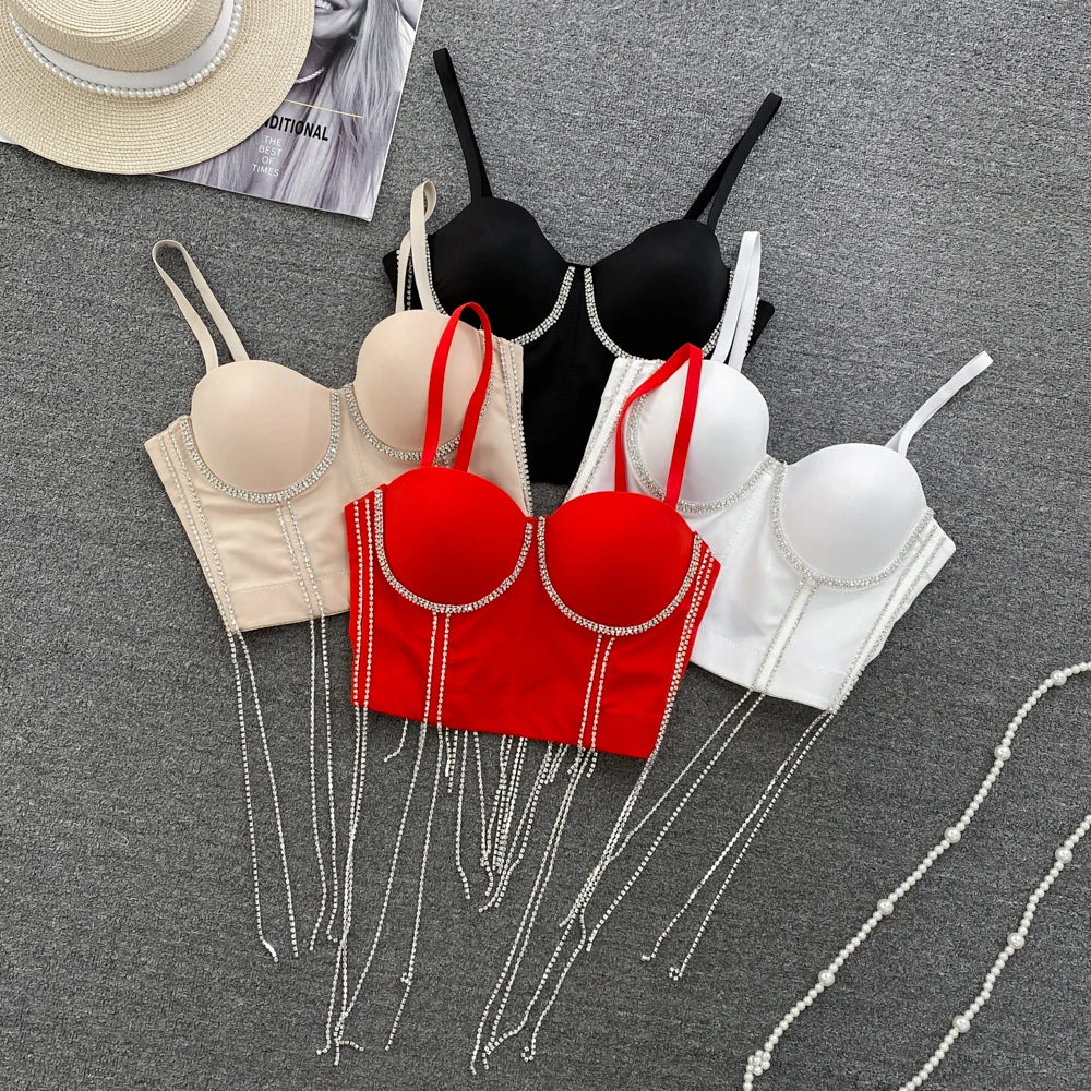 Women Chic Tassels  Pads Rhinestone Basic  Corset Straps Camis Slim  Hot Sexy Fashion Bare NavelBackless Tops Women Crop Top