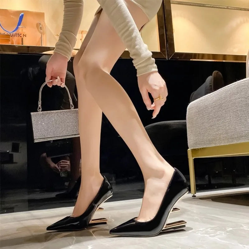 2025 New Women Pumps Pointed Toe High Heels Ladies Letter Strange Heel Wedges Runway Party Wedding Dress Valentine Shoes