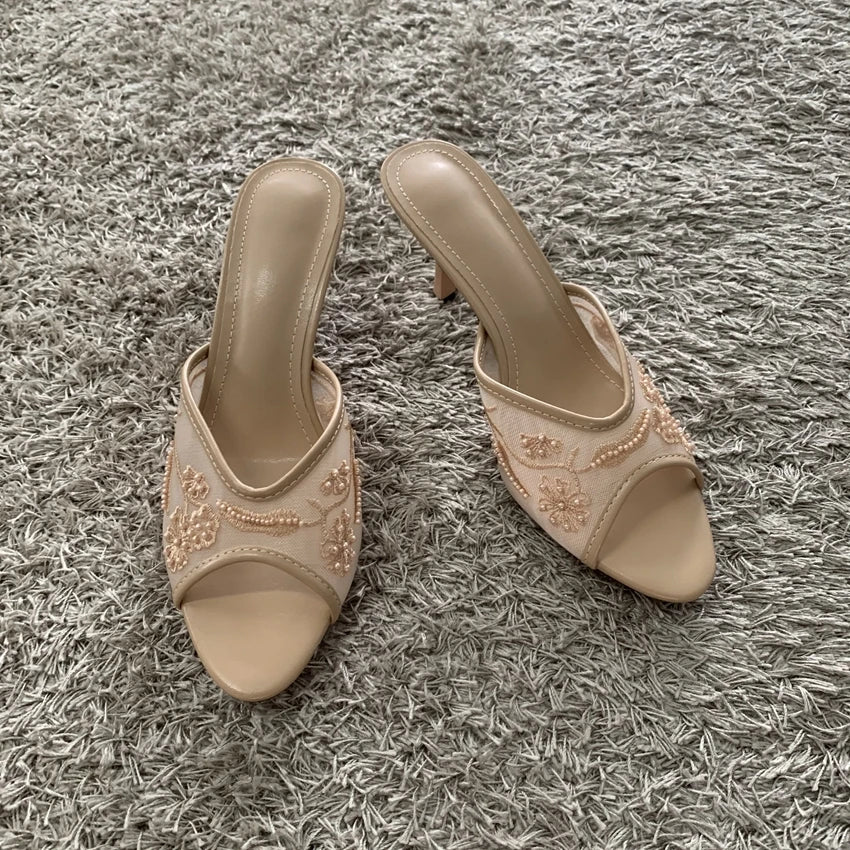 2026 String Bead Mesh Embroider Slingback High Heels Women Sexy Peep Toe Heeled Sandals Summer Elegant Luxury Designer Shoes
