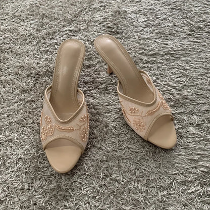2026 String Bead Mesh Embroider Slingback High Heels Women Sexy Peep Toe Heeled Sandals Summer Elegant Luxury Designer Shoes