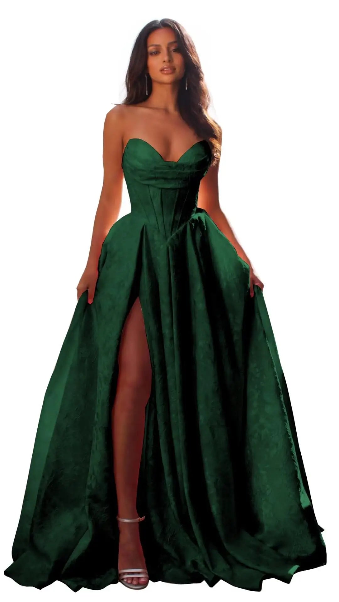 Women Elegant Jacquard Satin Prom Dresses with Slit Strapless Corset A Line Long Formal Gowns Evening Gowns Party Dresses