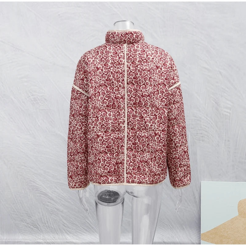 HH Floral Print Jacket For Women Autumn Quilted Reversible Cotton Coat Cardigan Long Sleeve Jackets Elegant Woman Streetwear