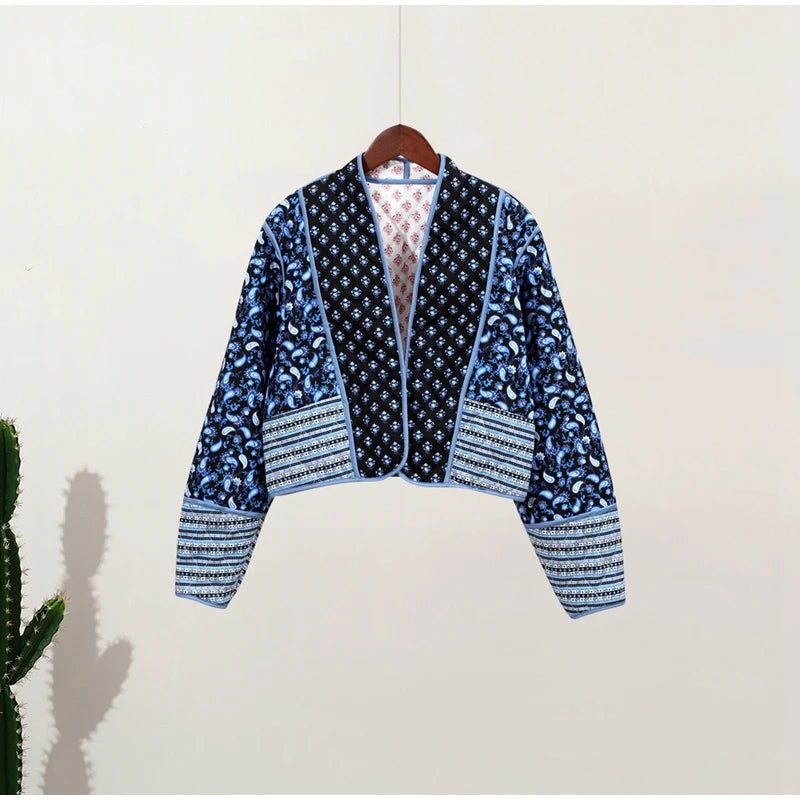 HH Floral Print Jacket For Women Autumn Quilted Reversible Cotton Coat Cardigan Long Sleeve Jackets Elegant Woman Streetwear