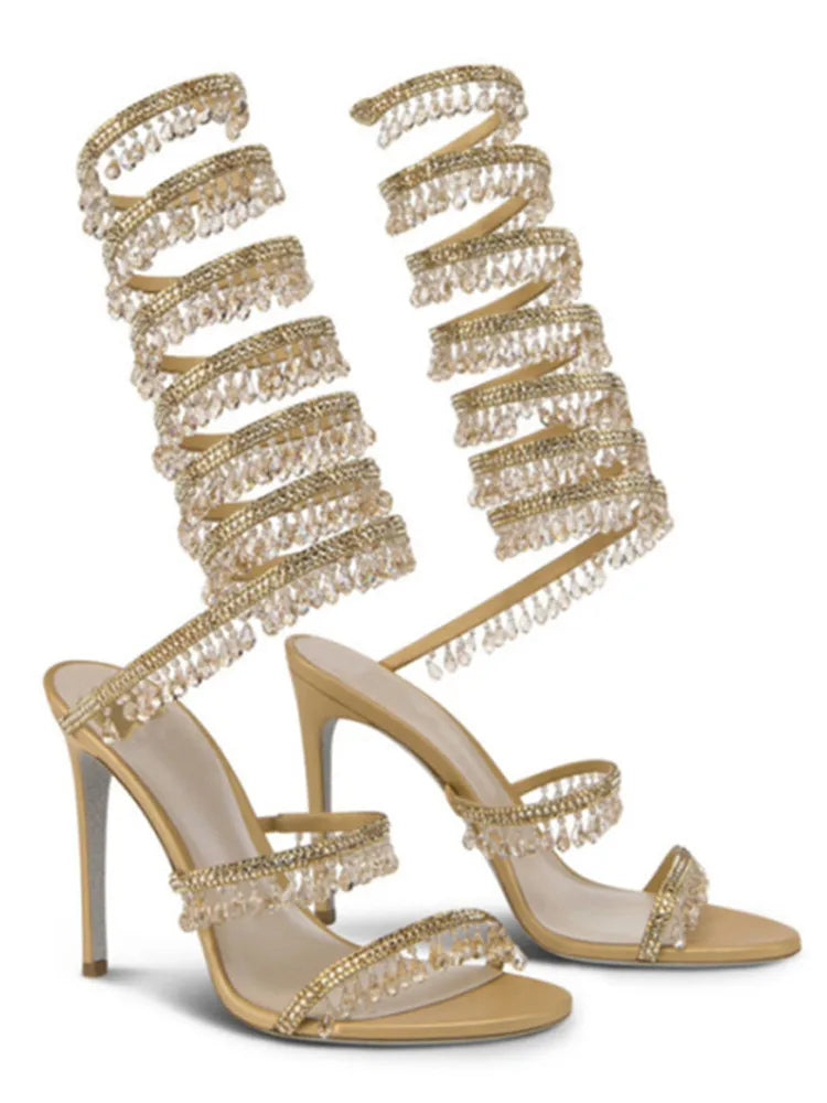 2024Women's New Water Diamond Sandals Fashion Tassel Crystal Shoes Sexy Banquet Party Twin Stiletto Women's Large Sandals