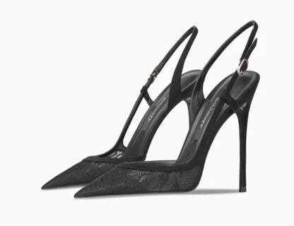 Rose red satin back tripe buckle sandals for women's new style slim heel and sexy European and American style single shoes